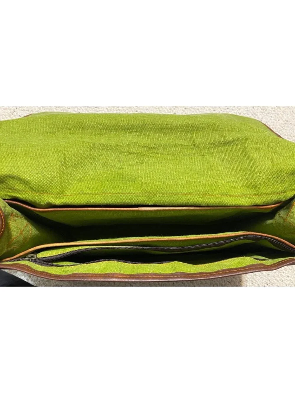 Brown Leather messenger padded laptop bag tote satchel NWOT green zipper NWOT